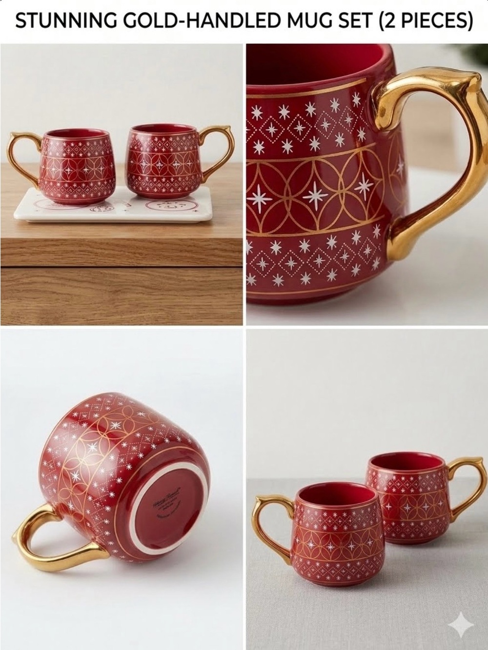 Vtg Harry & David Christmas Holiday Cocoa Mugs Set 2 Gold Handle Starburst